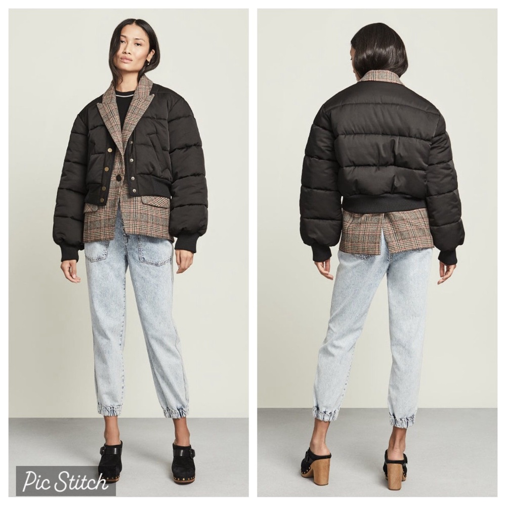 $898 Veronica Beard Larkin Black Quilted Puffer Plaid Dickey Blazer Jacket Sz 0